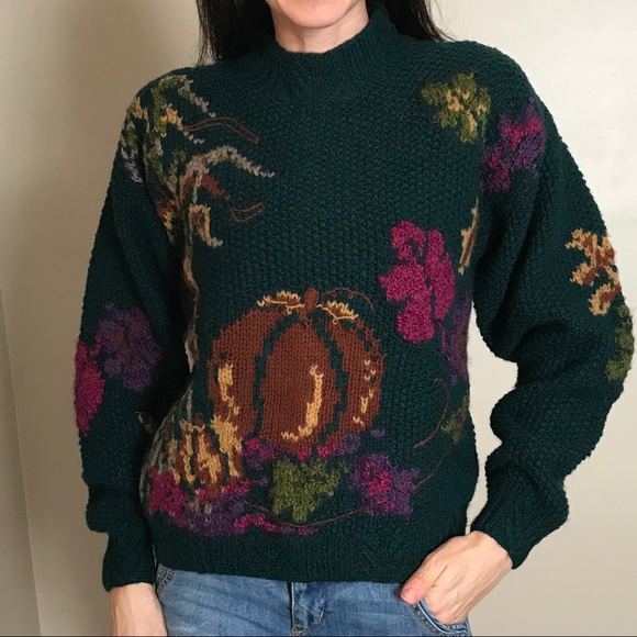 Vintage Sweaters - Vintage Wool Blend Fall Pumpkin Green Sweater